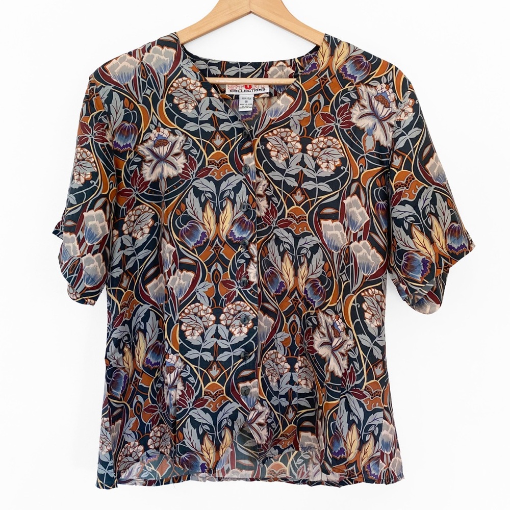 Vintage Silk Button Blouse in a William Morris style Print